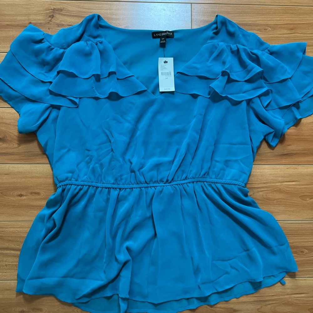 LANE BRYANT | ruffle shoulder turquoise blouse